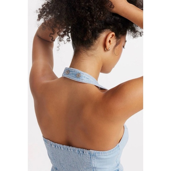 New Levis Janeesah Denim Jean Halter Short Mini Dress Button Light Wash Blue - Picture 7 of 13